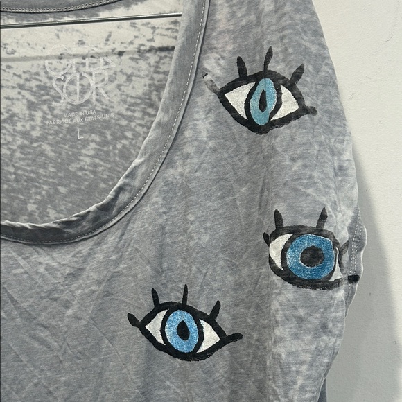 Chaser Blue Evil Eye Protection Pattern Gray Women's Tee burn out cotton large - Picture 3 of 6